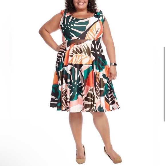 ModCloth Hutch Plus Size Women’s Tropical Shoulder Tie Midi Dress Fit Flare 3X - Picture 3 of 14